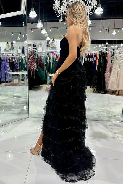 Tulle Strapless Ruffle Beaded Long Prom Dress with Slit