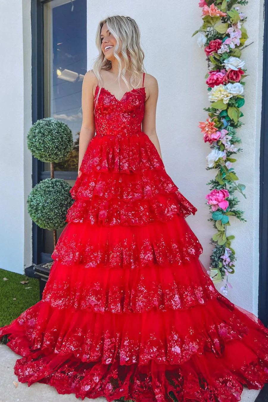 Tulle Sequin Tiered Long Gown with Spaghetti Straps