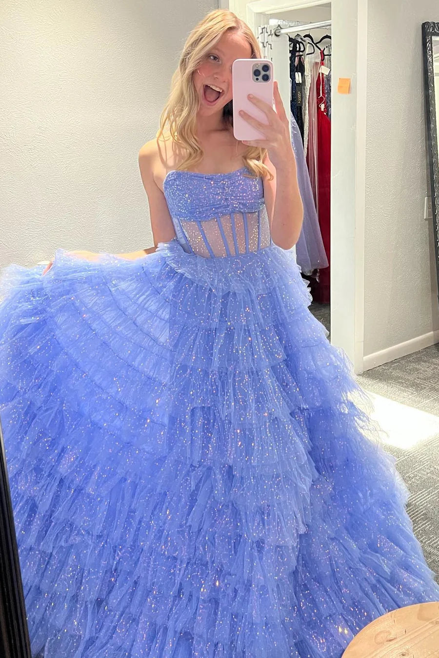 Strapless Tulle Sequin A-Line Prom Gown