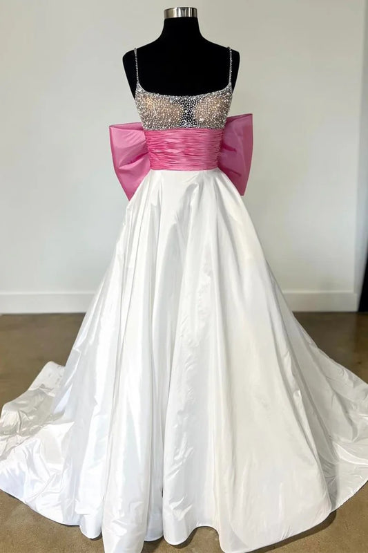 Beaded Bow-Back A-Line Long Formal Dress