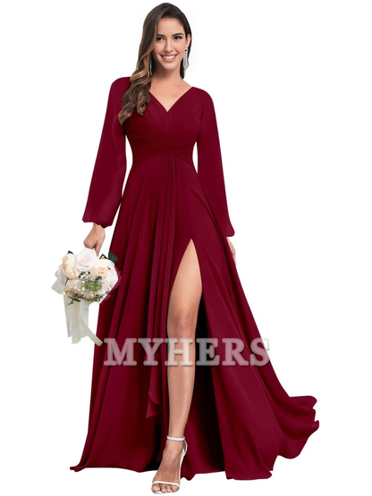 Elegant Chiffon Long Sleeves V Neck Ruffle Side Fork Long Bridesmaid Dresses Wedding Guests Dresses