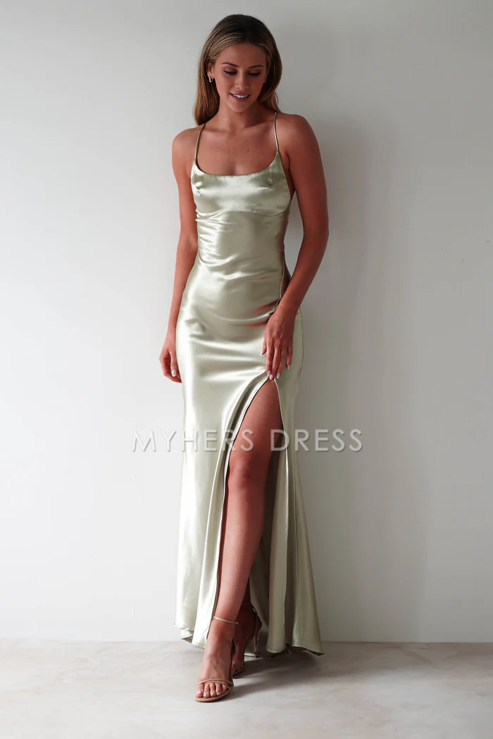 My Hers Prom Dress Figure Slimming Slip Dress Straight Neckline Low Back Adjustable Tie Straps Elegant Simple Ladies Formal Dress