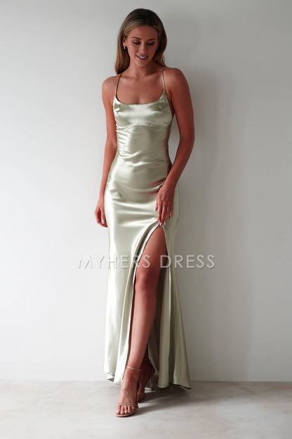 My Hers Prom Dress Figure Slimming Slip Dress Straight Neckline Low Back Adjustable Tie Straps Elegant Simple Ladies Formal Dress