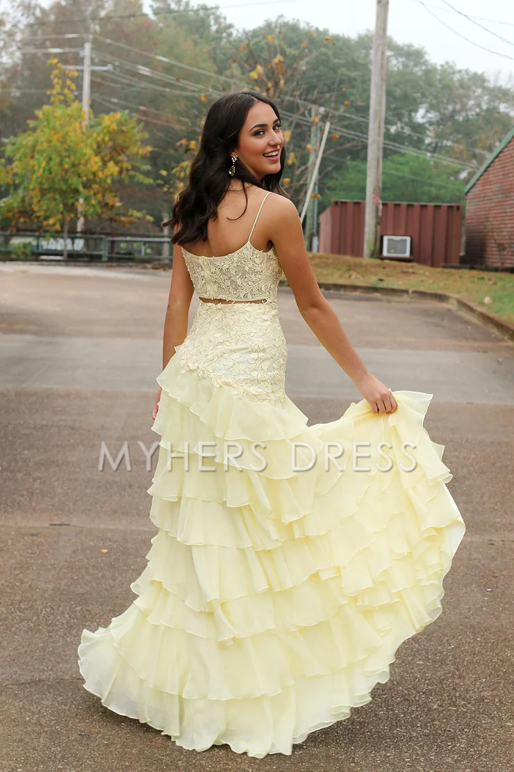 My Hers Ladies Formal Dress Cute A Line Scoop Neck Chiffon Tiered Lace Applique Long With Slit Prom Dress