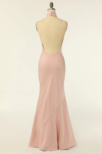 Blush Chiffon Halter Cross-Front Backless Long Bridesmaid Dress