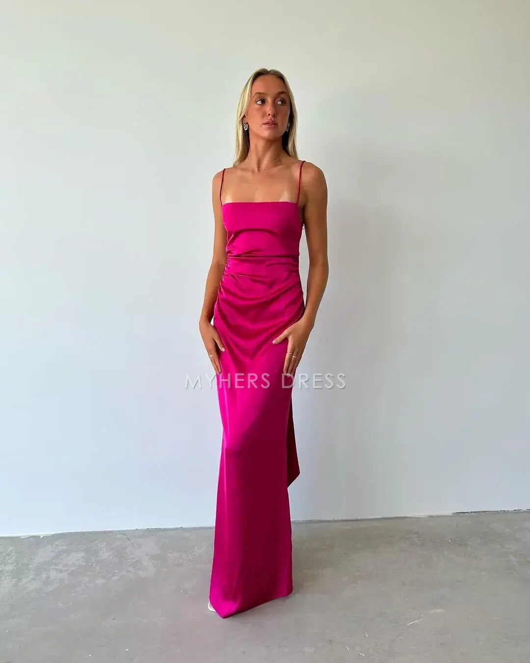 My Hers Prom Dress Satin Sheath Spaghetti Strap Sleeveless Backless Charming Exquisite Ladies Formal Dress