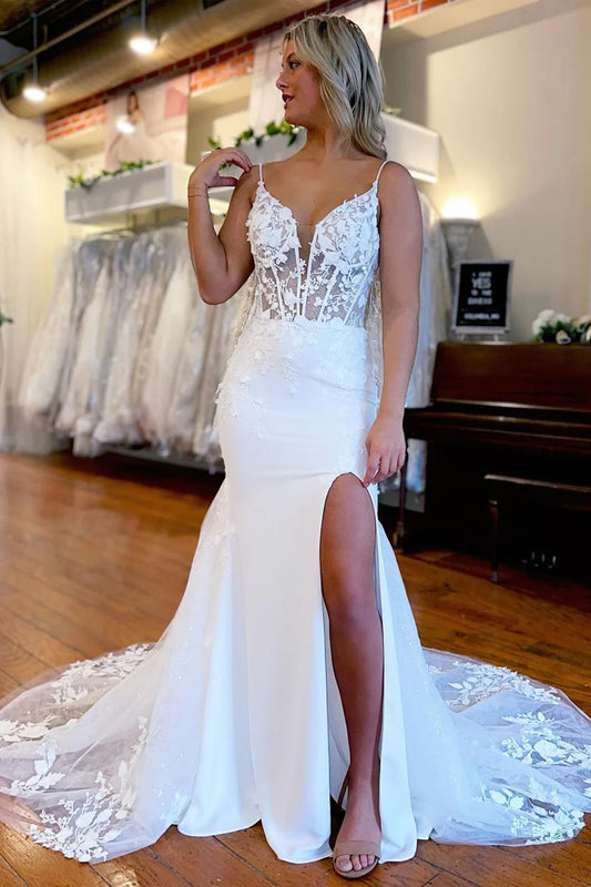 Charming Mermaid Sweetheart Neck V-Neck Lace Spaghetti Strap Floor-Length Wedding Dresses