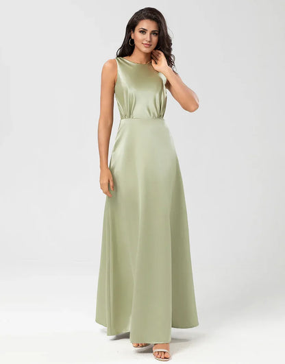 Satin Round Neck Green Sleeveless Bridesmaid Dress with Pleated