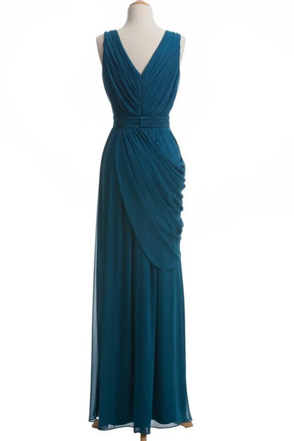 Teal Chiffon V-Neck Sleeveless Unique design Bridesmaid Dress