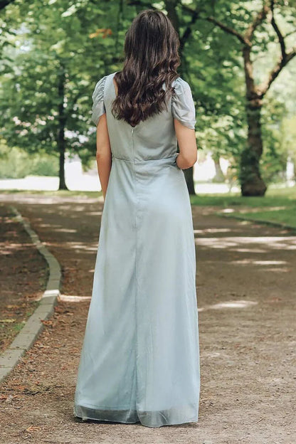 V-Neck Chiffon Cap Sleeve A-Line Long Bridesmaid Dress With Beaded