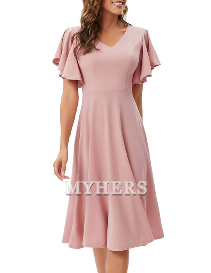 A Line V Neck Short Sleeve Elegant Simple Tea-Length Bridesmaid Dresses Wedding Guests Dresses