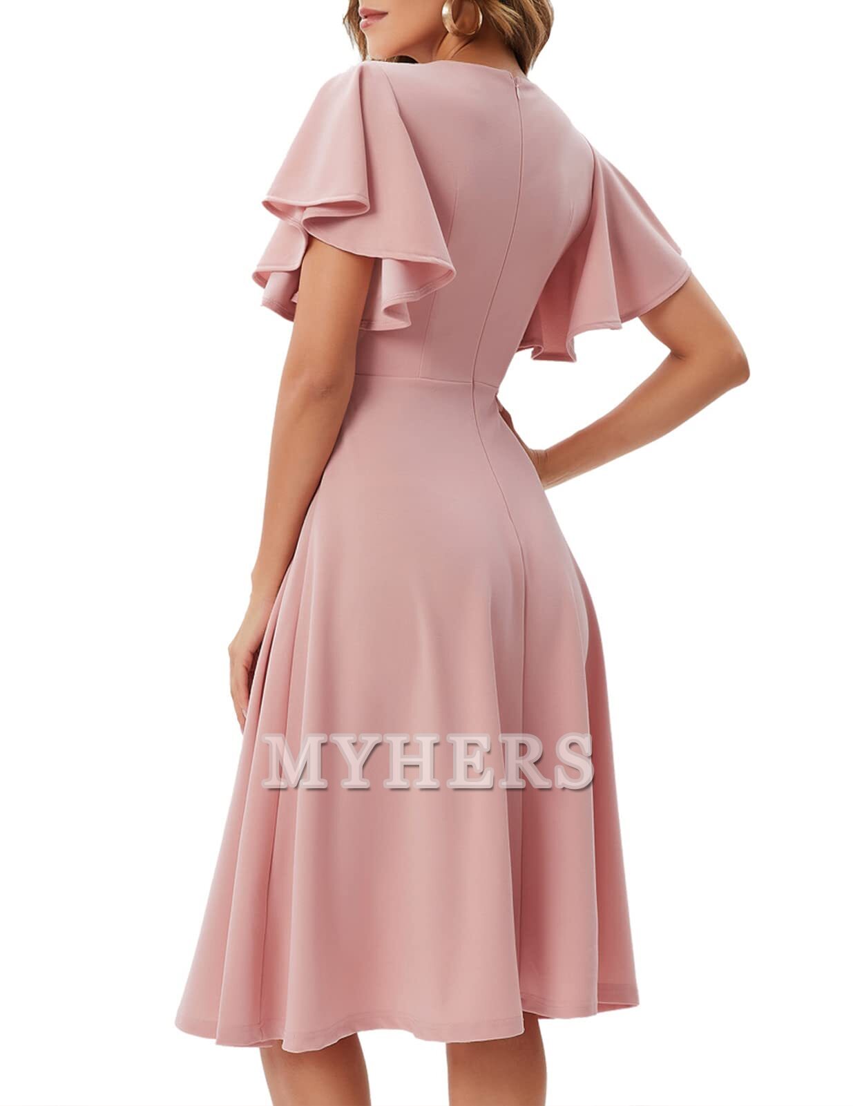 A Line V Neck Short Sleeve Elegant Simple Tea-Length Bridesmaid Dresses Wedding Guests Dresses
