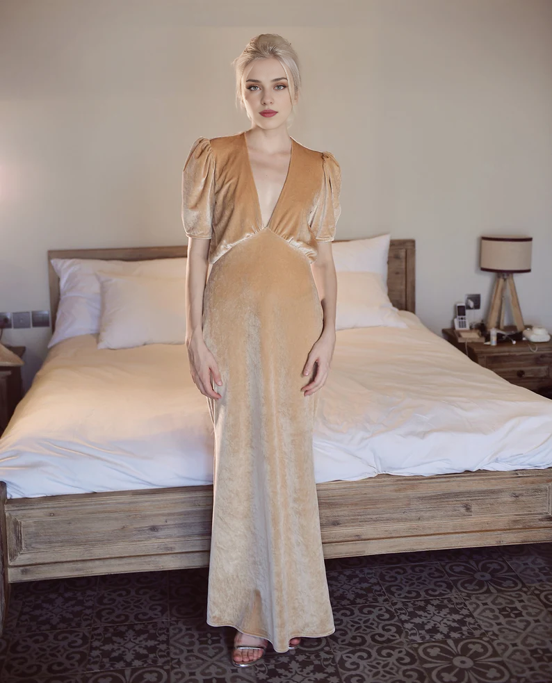 Long Velvet Dress Deep V Neck Short Sleeve Formal Wear Dresses Wedding Guest Dress Evening Dress