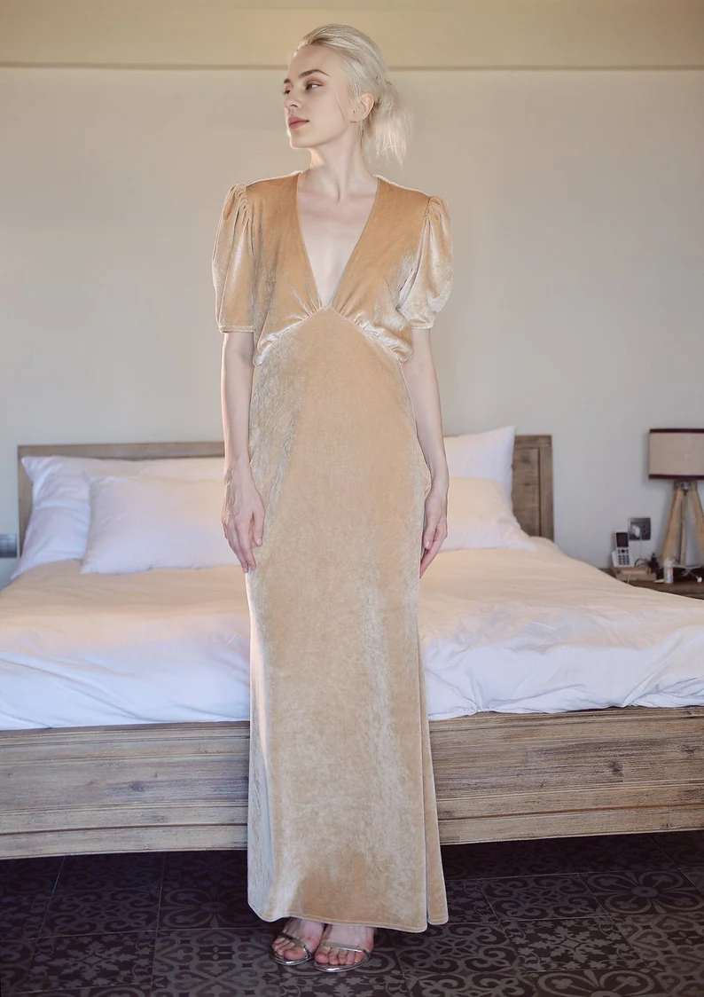 Long Velvet Dress Deep V Neck Short Sleeve Formal Wear Dresses Wedding Guest Dress Evening Dress