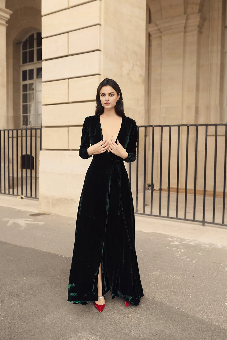 Velvet Dress Deep V Neck Long Sleeves Longuette Formal Wear Dresses Wedding Guest Dress Evening Dress