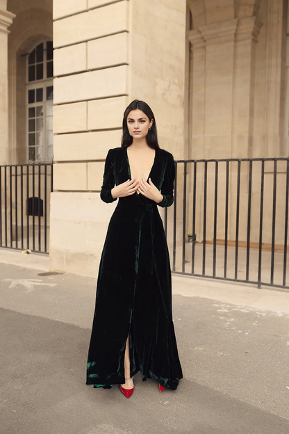 Velvet Dress Deep V Neck Long Sleeves Longuette Formal Wear Dresses Wedding Guest Dress Evening Dress