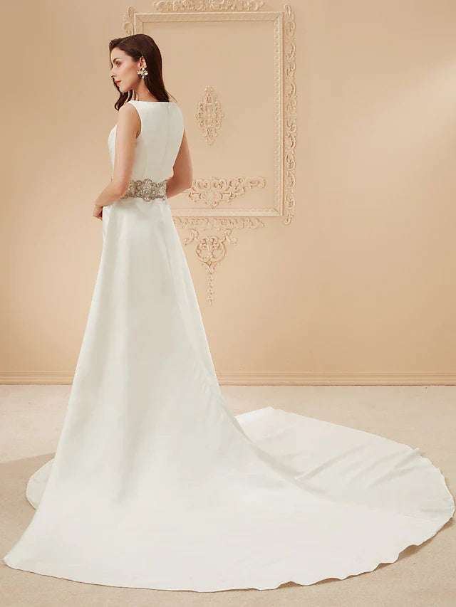 Wedding Dresses Bateau Neck Cathedral Train Satin Regular Straps Vintage Inspired with Beading