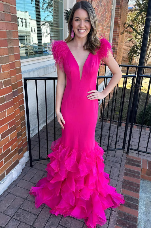 Plunge V Feather Ruffle Multi-Layer Long Gown
