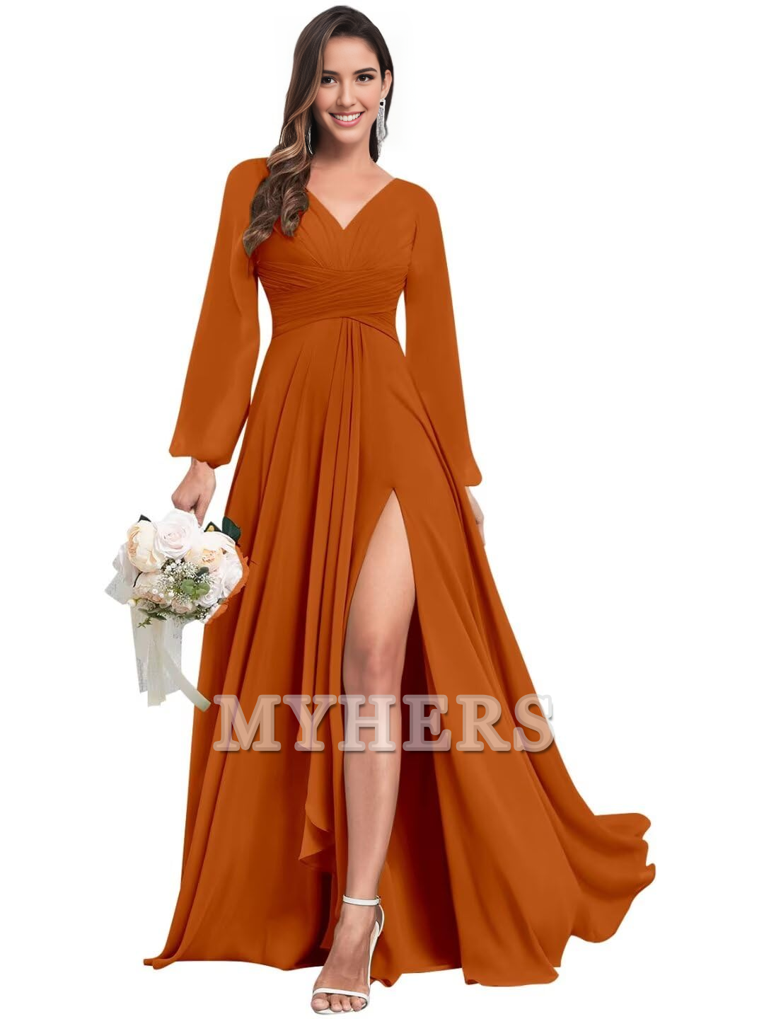 Elegant Chiffon Long Sleeves V Neck Ruffle Side Fork Long Bridesmaid Dresses Wedding Guests Dresses