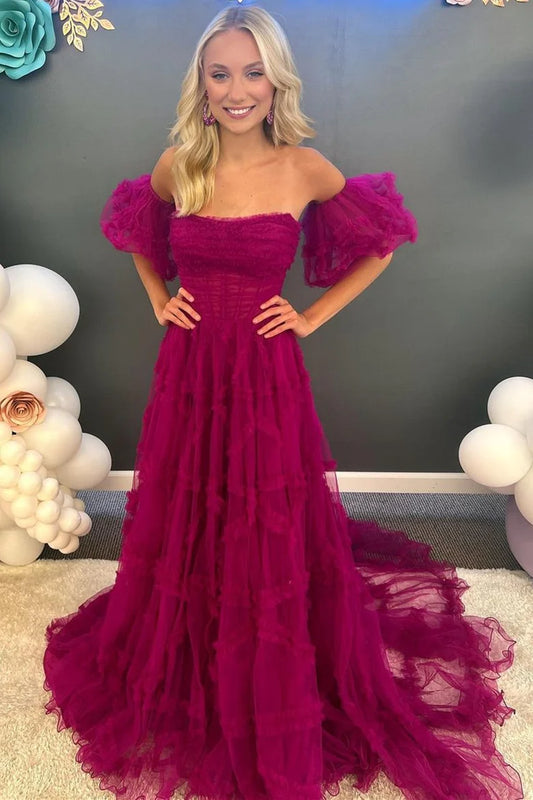 Strapless Ruffles A-Line Long Formal Dress with Puff Sleeves