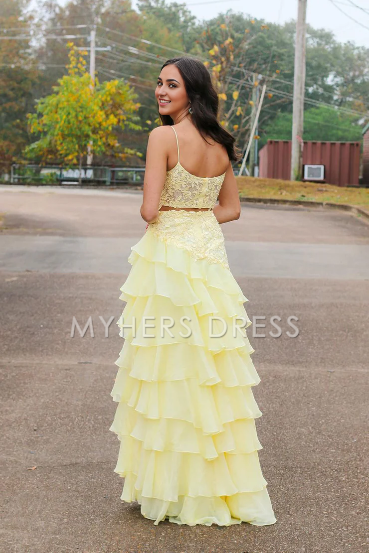 My Hers Ladies Formal Dress Cute A Line Scoop Neck Chiffon Tiered Lace Applique Long With Slit Prom Dress