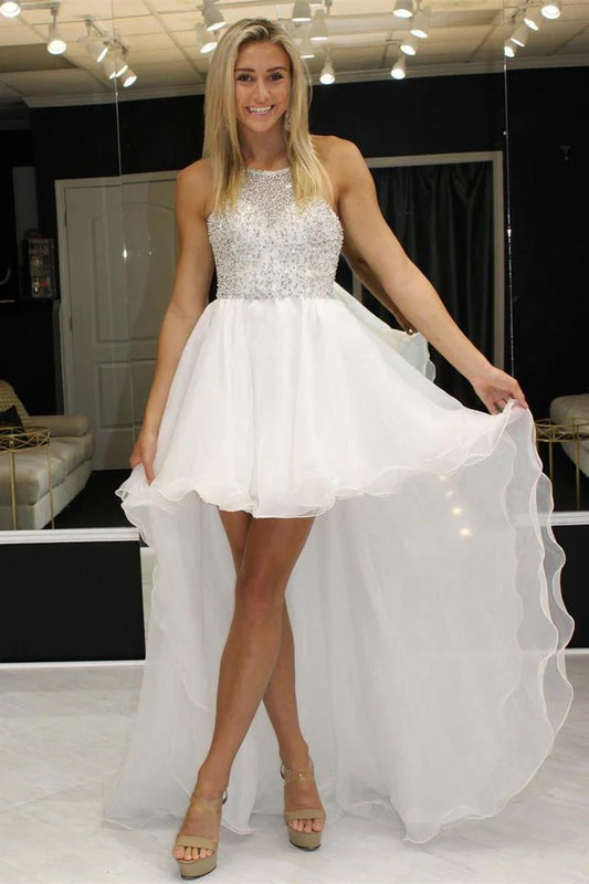 Tulle Beaded Halter High-low Prom Dress