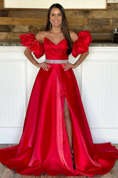 Strapless Beaded Belt Ball Gown with Detachable Sleeves