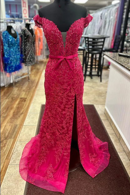 Appliques Off-the-Shoulder Mermaid Long Dress with Slit