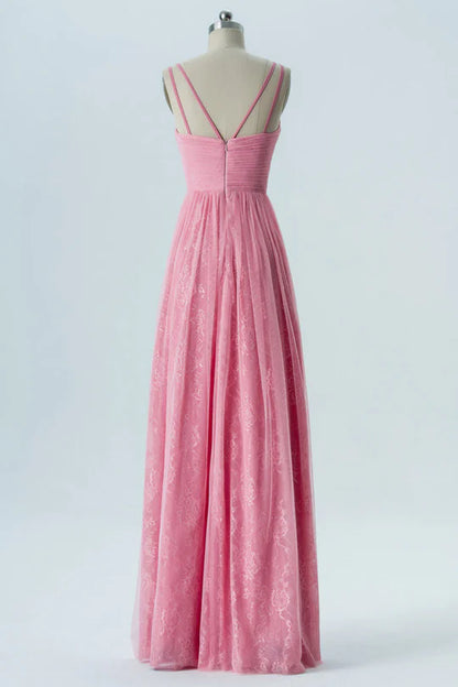 Pink V-Neck  Embroideried Sleeveless Double Straps Bridesmaid Dress