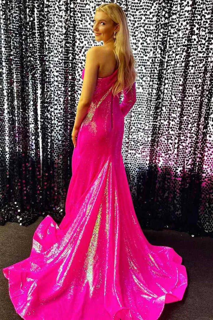 Rainbow Sequin One-Shoulder Mermaid Long Prom Dress