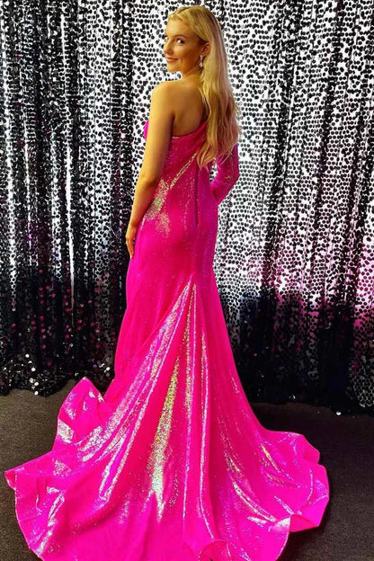 Rainbow Sequin One-Shoulder Mermaid Long Prom Dress