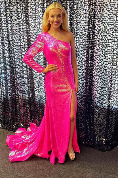 Rainbow Sequin One-Shoulder Mermaid Long Prom Dress