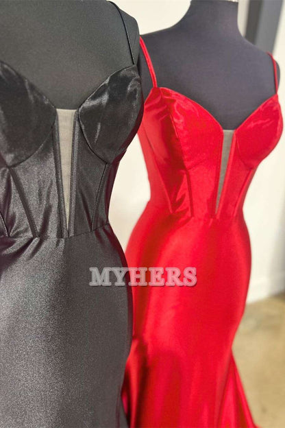 Formal Wear Dresses Sweetheart Spaghetti Strap Satin Mermaid Cultivate oneself Long Prom Dress Sweep Train Evening Dress