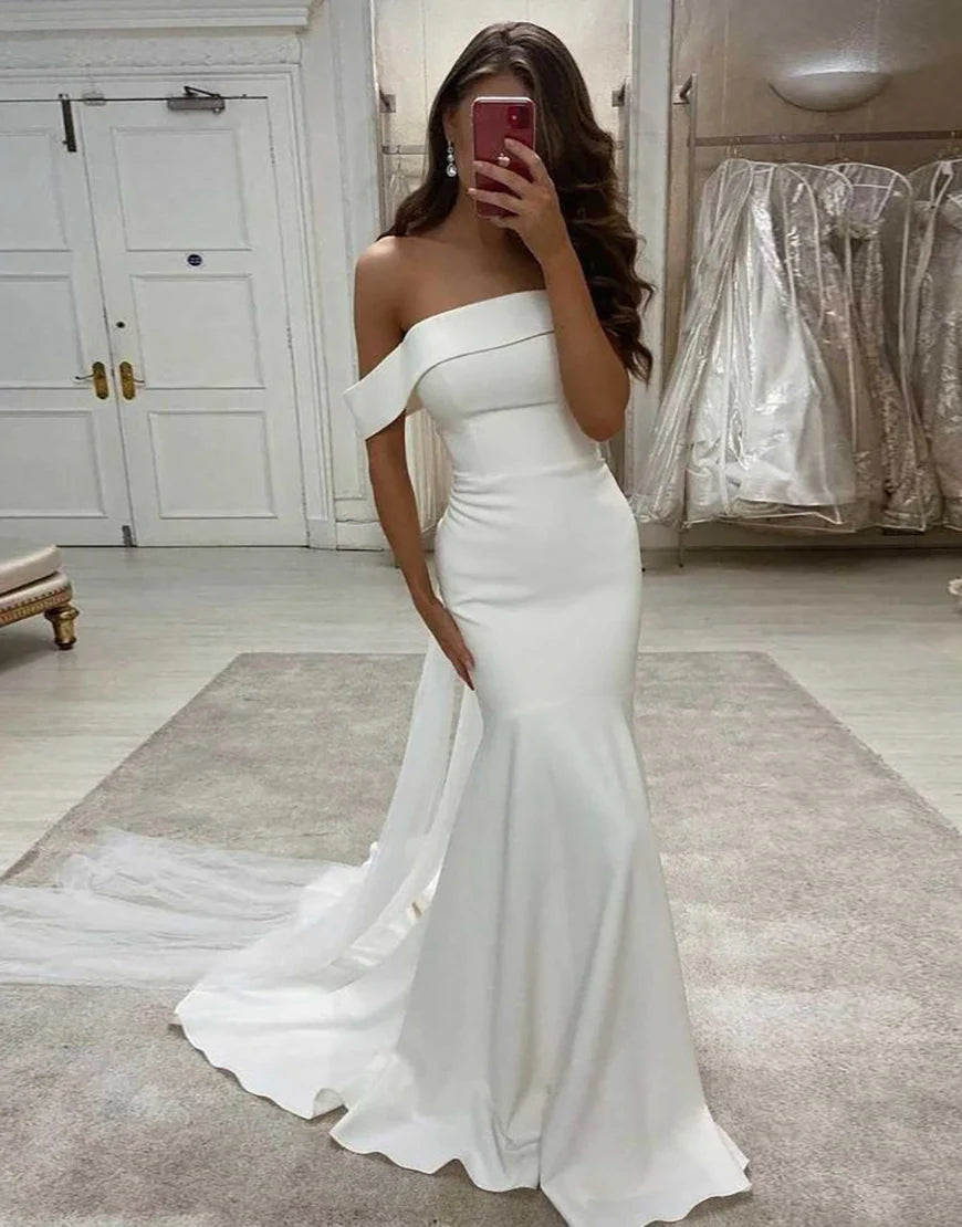 Off the Shoulder White Court Train Long Bridal Dress