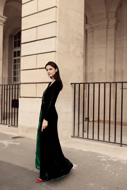 Velvet Dress Deep V Neck Long Sleeves Longuette Formal Wear Dresses Wedding Guest Dress Evening Dress