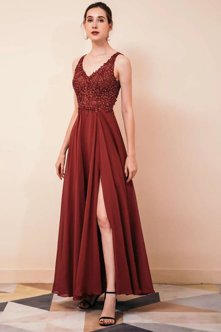Chiffon V-neck High Side Slit Prom Gown with Applique