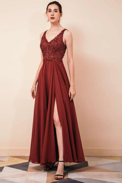 Chiffon V-neck High Side Slit Prom Gown with Applique