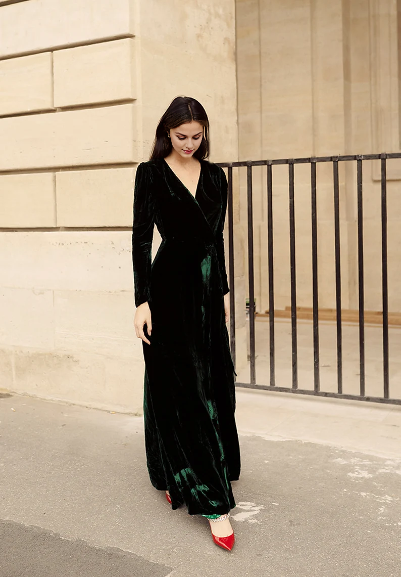 Velvet Dress Deep V Neck Long Sleeves Longuette Formal Wear Dresses Wedding Guest Dress Evening Dress
