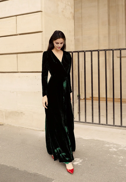 Velvet Dress Deep V Neck Long Sleeves Longuette Formal Wear Dresses Wedding Guest Dress Evening Dress