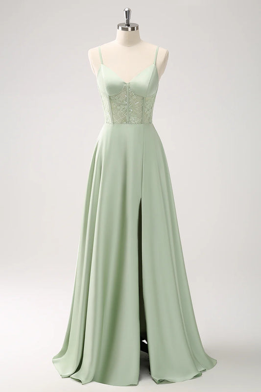 A Line Green Spaghetti Strap Ruffles Corset Lace Long Prom Dress with Slit