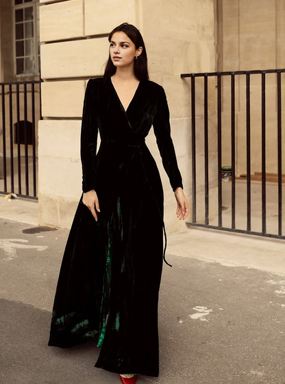 Velvet Dress Deep V Neck Long Sleeves Longuette Formal Wear Dresses Wedding Guest Dress Evening Dress