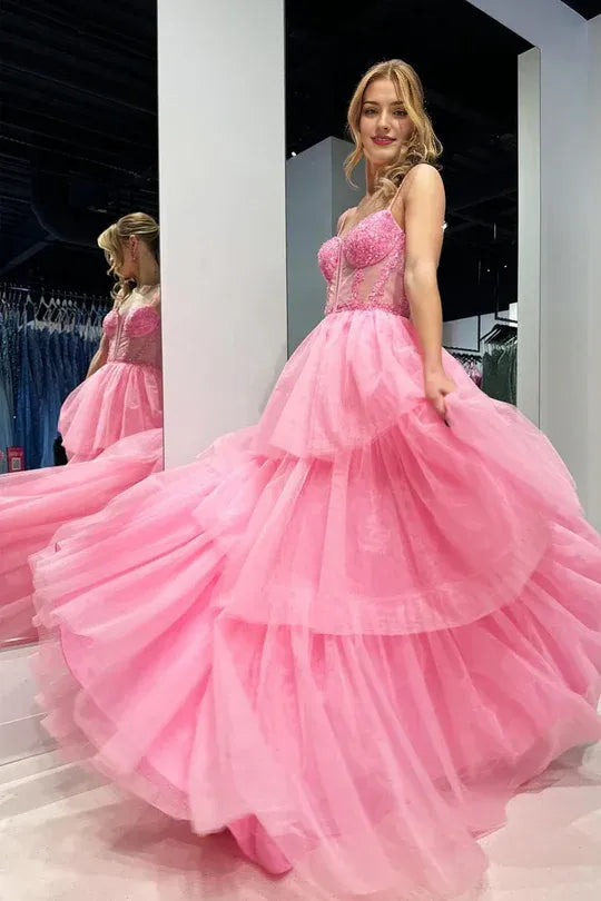 Cute A Line Sweetheart  V-Neck Spaghetti Strap Tiered Tulle Pink Prom Dress