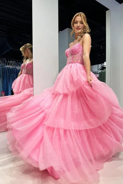 Cute A Line Sweetheart  V-Neck Spaghetti Strap Tiered Tulle Pink Prom Dress