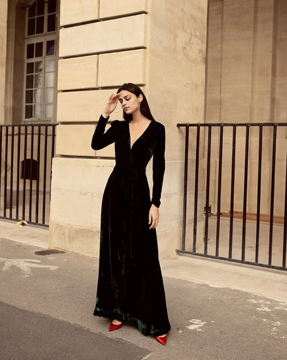 Velvet Dress Deep V Neck Long Sleeves Longuette Formal Wear Dresses Wedding Guest Dress Evening Dress