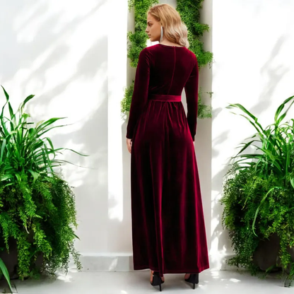 Long Velvet Dress Round Neck Long Sleeve Belt Formal Wear Dresses Wedding Guest Dress Evening Dress