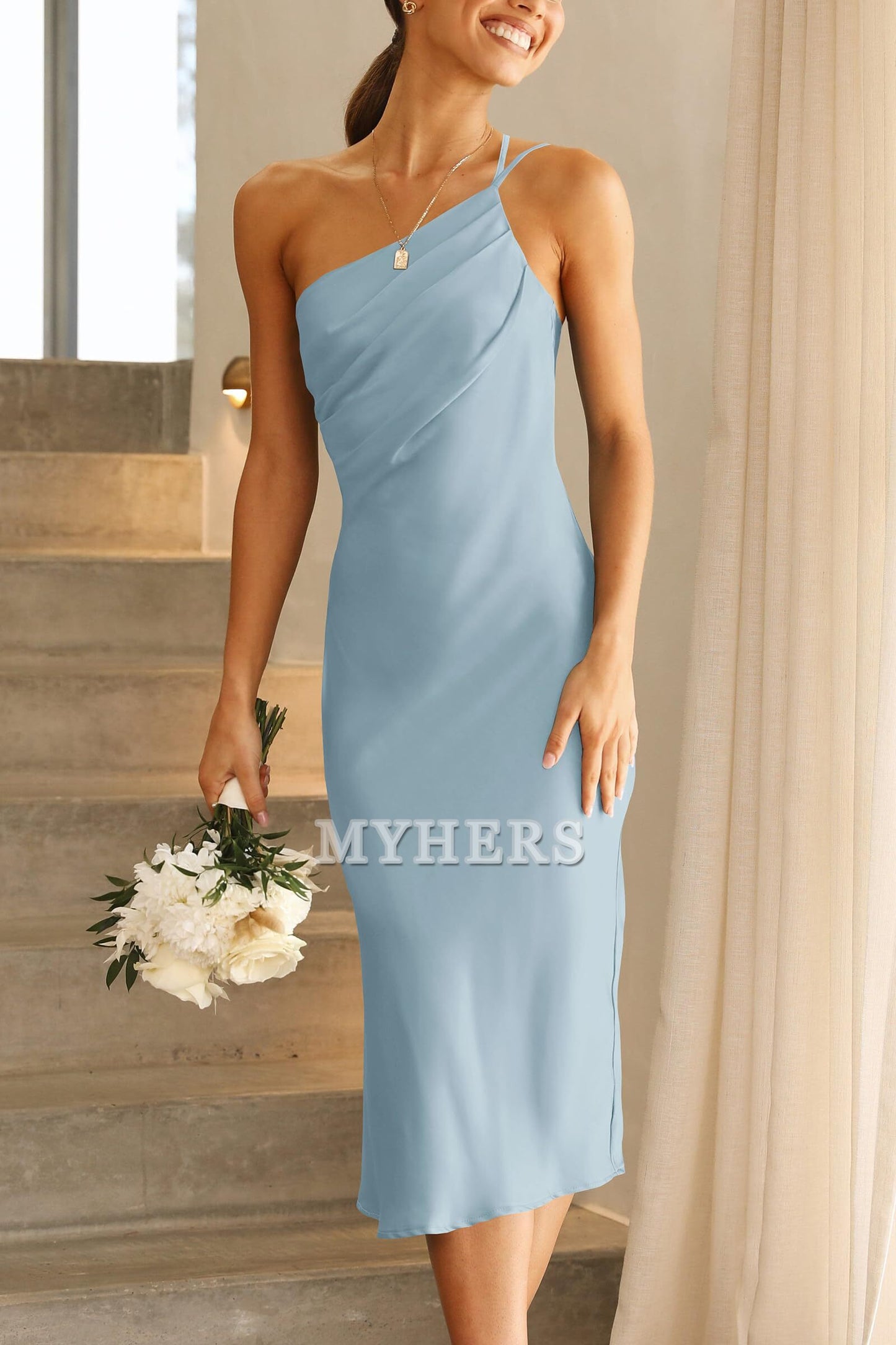 One Shoulder Spaghetti Strap Backless Ruched Simple Charming Bridesmaid Dresses Wedding Guests Dresses