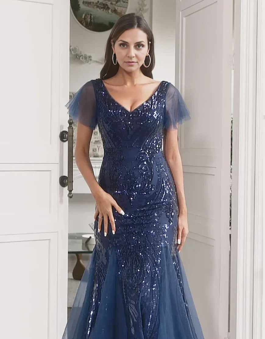 Navy Blue V-Neck Sequins Tulle Mermaid Mother of the Bride Dress