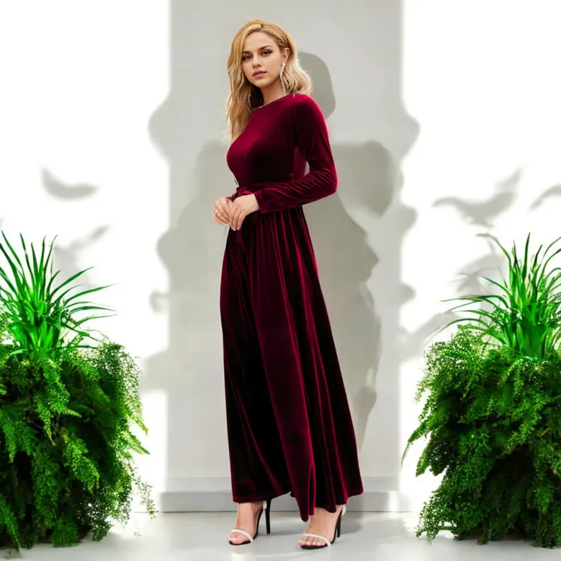 Long Velvet Dress Round Neck Long Sleeve Belt Formal Wear Dresses Wedding Guest Dress Evening Dress