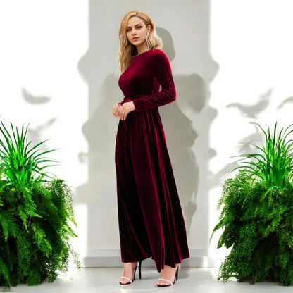 Long Velvet Dress Round Neck Long Sleeve Belt Formal Wear Dresses Wedding Guest Dress Evening Dress