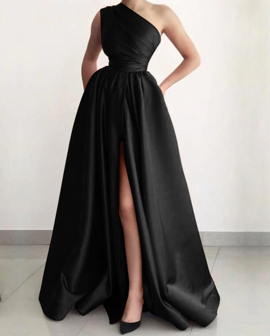 A Line One shoulder Sleeveless  Silk Like Satin Prom Dress With Split